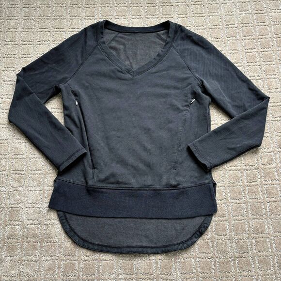 Lululemon V-neck Pullover Striped Long Sleeve Top Black Size Small 4/6 - Picture 1 of 8